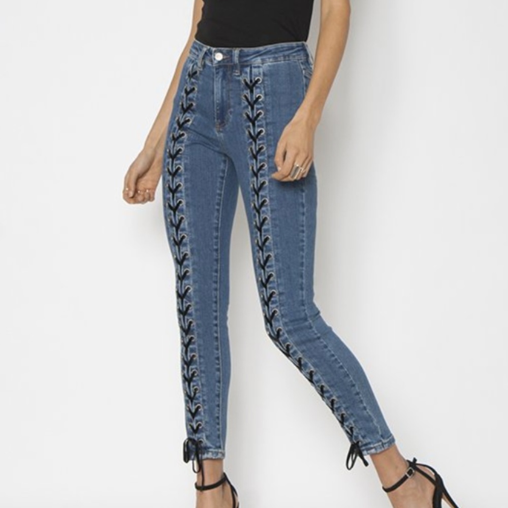 NEON BLONDE LACE UP JEANS NWT (RETAIL $169)